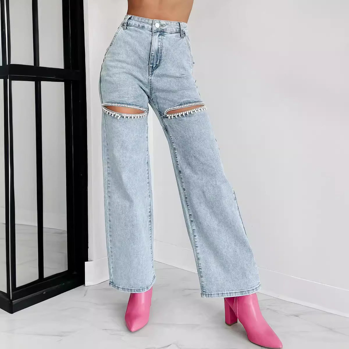 Derya - Washed Chain Ripped Straight Pants