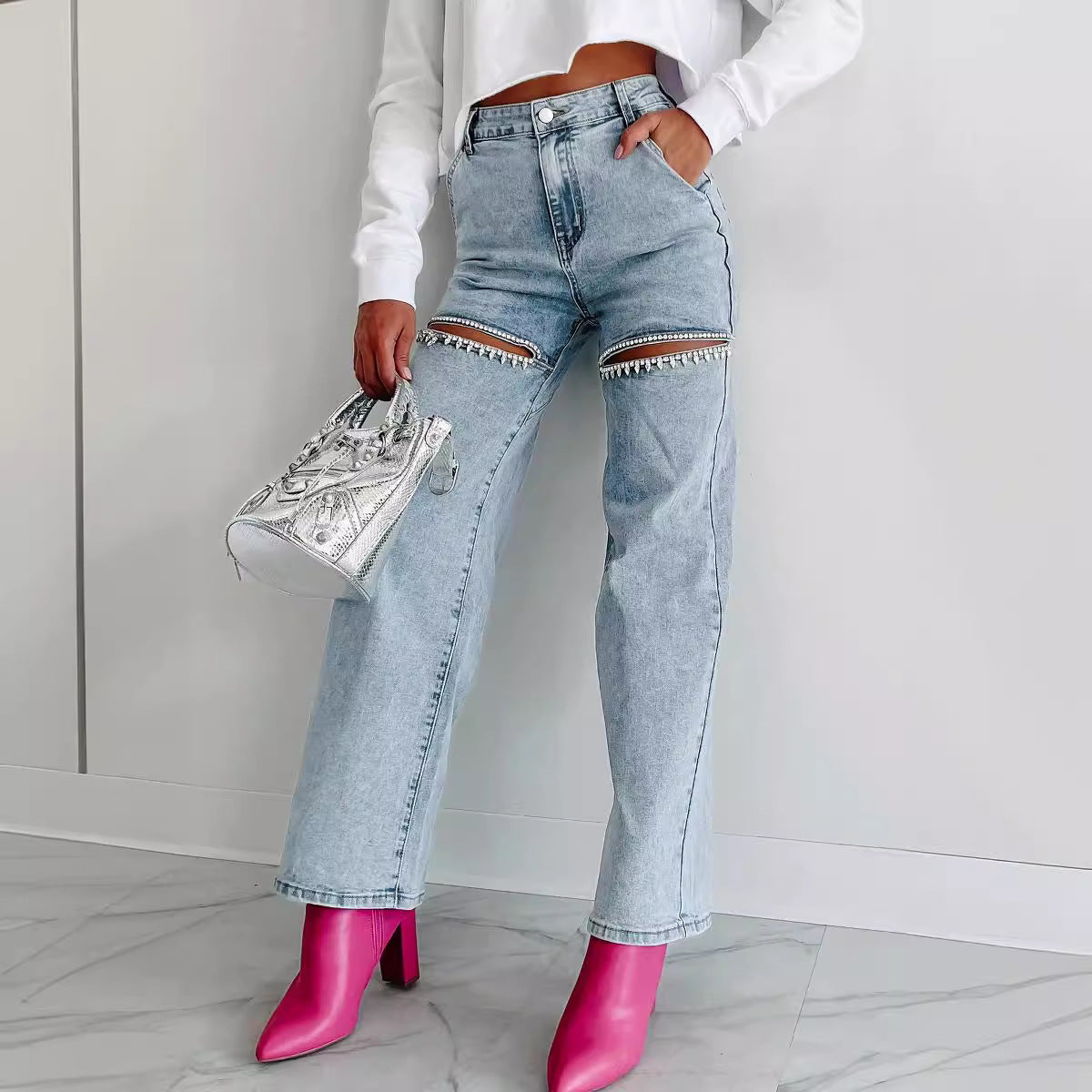 Derya - Washed Chain Ripped Straight Pants