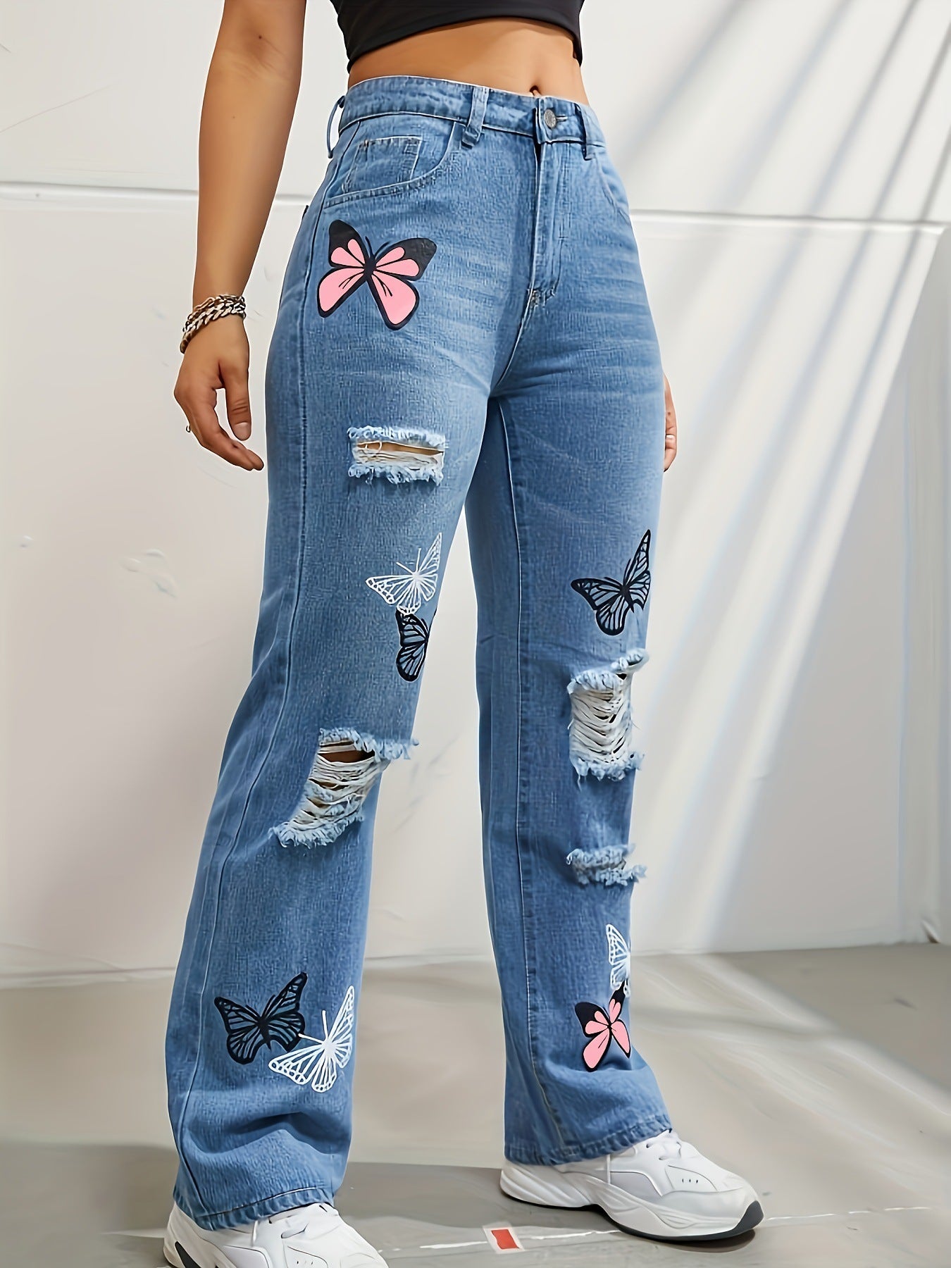 Clio - Trendy Butterfly Print Ripped  Jeans