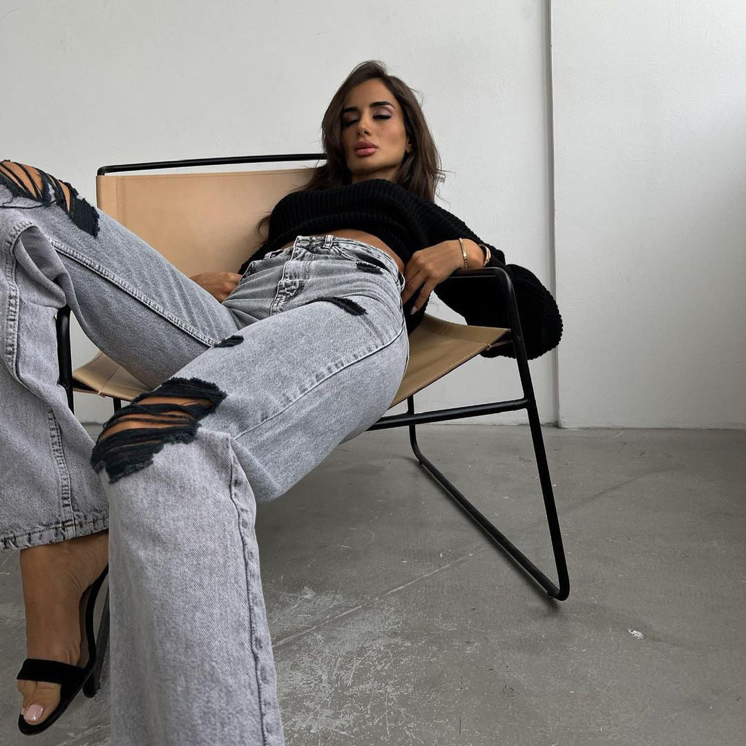 Amelia - High Waist Distressed Straight-Leg Jeans