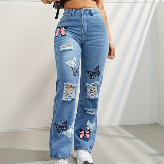 Clio - Trendy Butterfly Print Ripped  Jeans