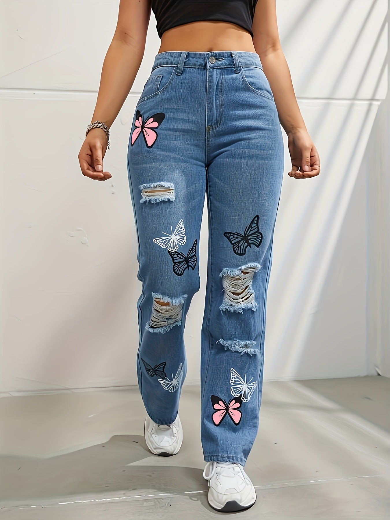 Clio - Trendy Butterfly Print Ripped  Jeans