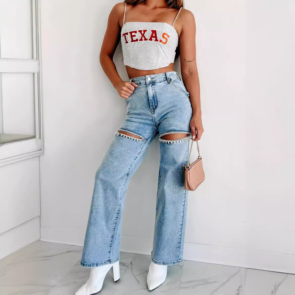 Derya - Washed Chain Ripped Straight Pants