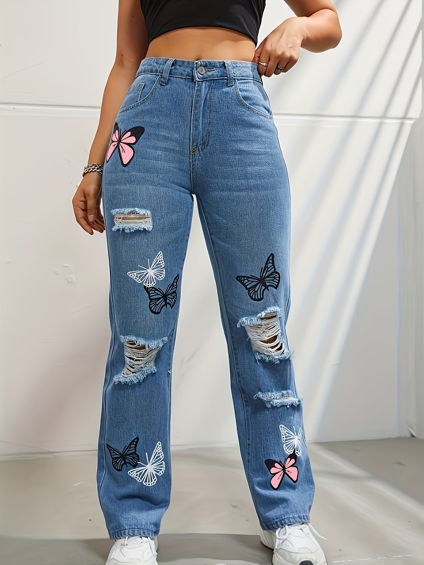 Clio - Trendy Butterfly Print Ripped  Jeans