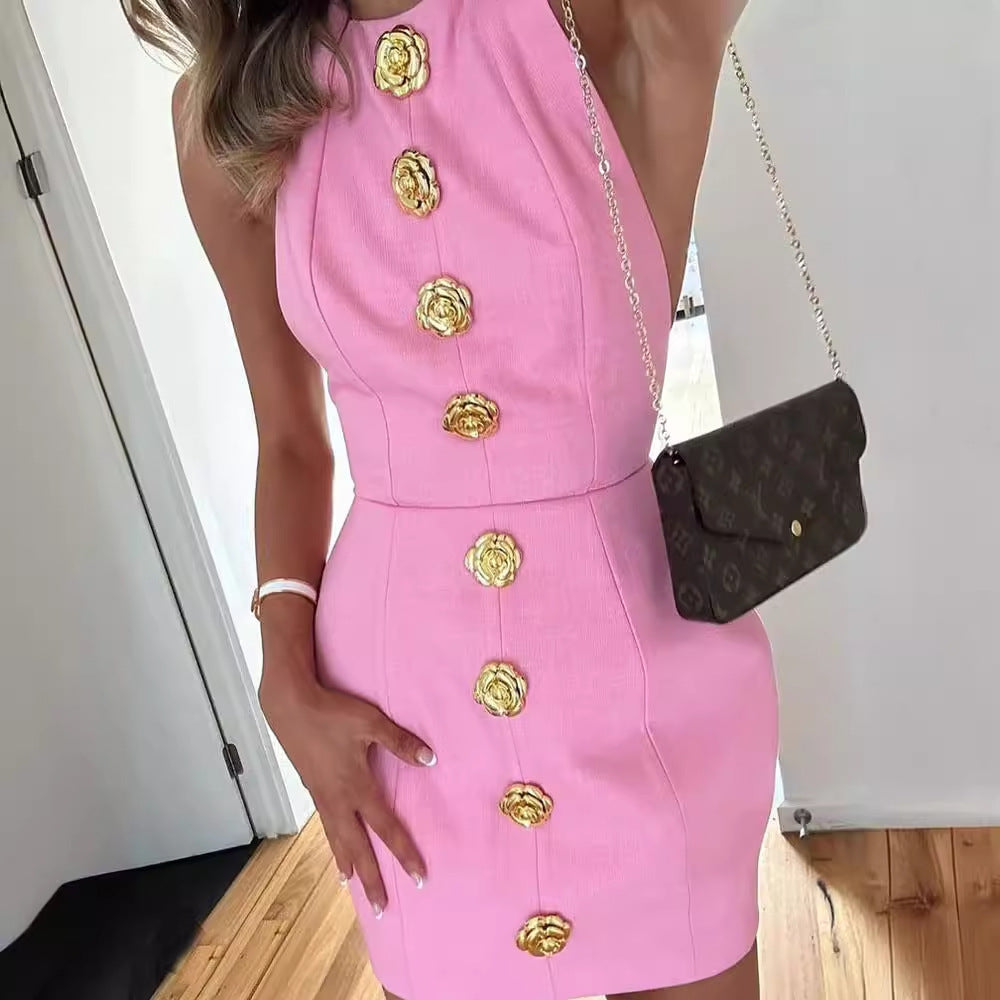 Zoë - Backless Dress With Rose Button Design